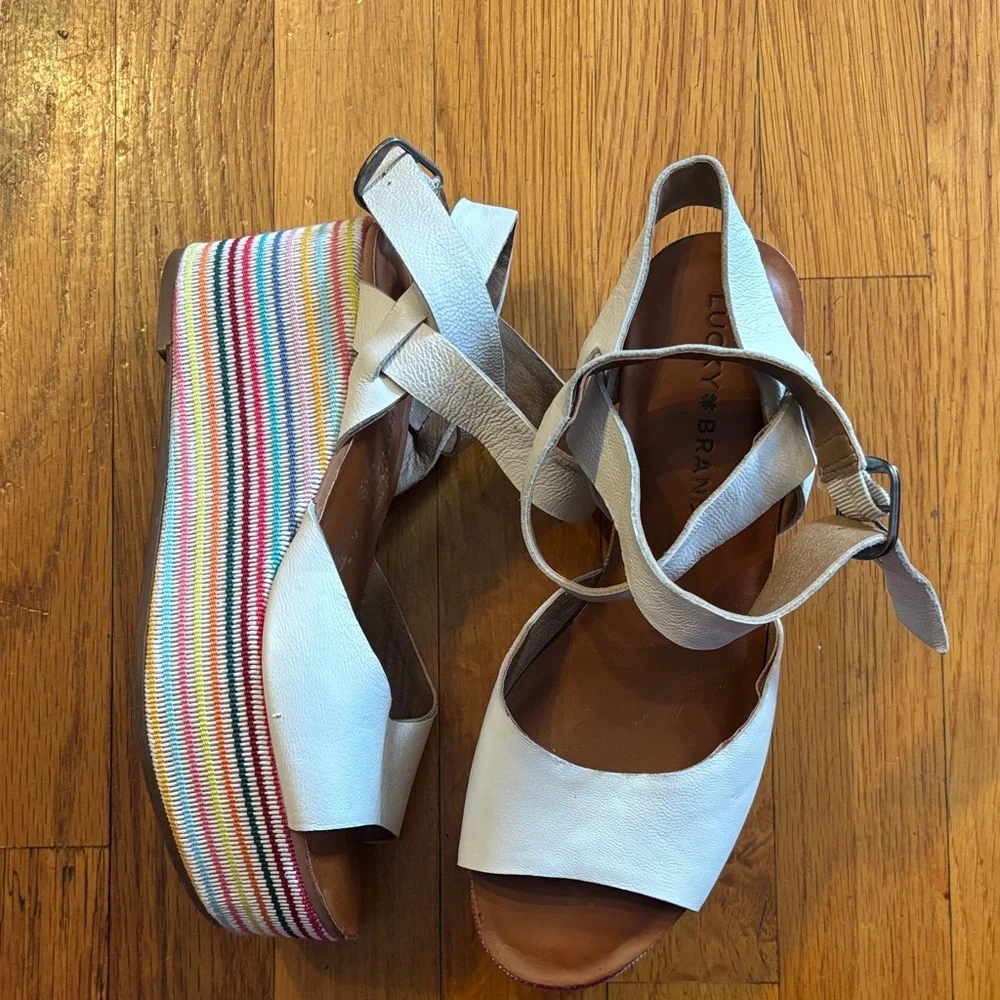 Lucky Brand Cream Multicolor Striped Wedge Wrap Strap Sandals Sz 6